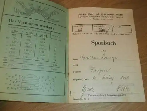 altes Sparbuch Verchen , 1944 - 1947 , Ursula Lange in Verchen i. Mecklenburg , Sparkasse , Bank !!