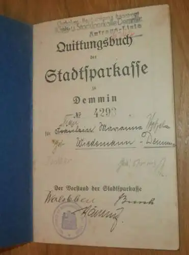 altes Sparbuch Demmin , 1929 - 1945 , Marianna Wetzel geb. Wiedemann in Demmin i. Mecklenburg , Sparkasse , Bank !!