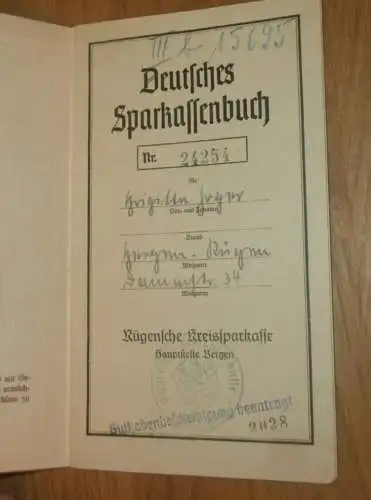 altes Sparbuch Bergen a. Rügen , 1943 - 1946 , Brigitte Gregor in Bergen a. Rügen i. Mecklenburg , Sparkasse , Bank !!