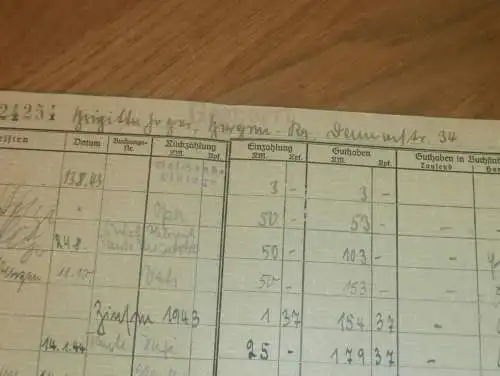 altes Sparbuch Bergen a. Rügen , 1943 - 1946 , Brigitte Gregor in Bergen a. Rügen i. Mecklenburg , Sparkasse , Bank !!