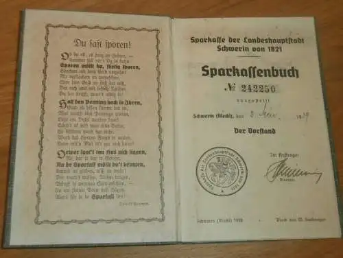 altes Sparbuch Schwerin , 1939 - April 1945 , Justizwachtmeister Hermann Wilk in Schwerin i. Mecklenburg , Sparkasse !!