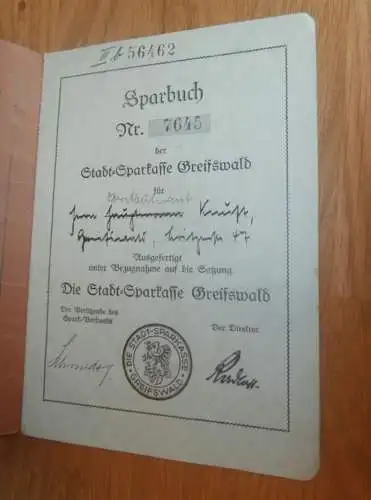 altes Sparbuch Greifswald ,1935 - 1944 , Oberstleutnant Kurt Gütschow in Greifswald i. Mecklenburg , Sparkasse