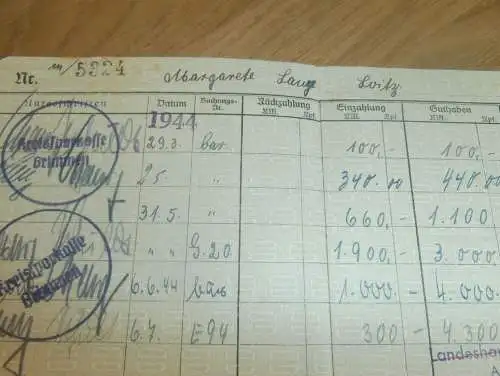 altes Sparbuch Grimmen ,1944 , Margarete Lange in Loitz i. Mecklenburg , Sparkasse , Bank !!