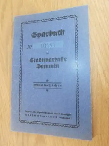 altes Sparbuch Demmin ,1936 - April 1945 , Ernst Nitz in Demmin i. Mecklenburg , Sparkasse , Bank !!