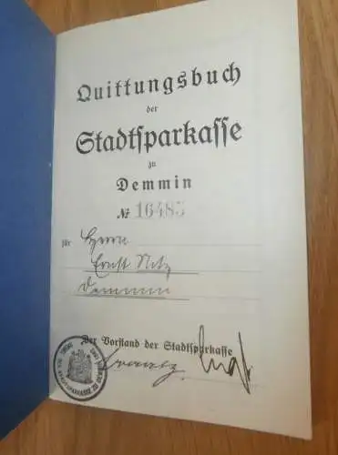 altes Sparbuch Demmin ,1936 - April 1945 , Ernst Nitz in Demmin i. Mecklenburg , Sparkasse , Bank !!