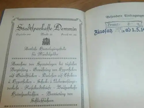 altes Sparbuch Demmin ,1936 - April 1945 , Ernst Nitz in Demmin i. Mecklenburg , Sparkasse , Bank !!