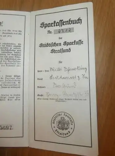 altes Sparbuch Stralsund ,1940 - 1944 , Willi Schmolling in Stralsund i. Mecklenburg , Sparkasse , Bank !!
