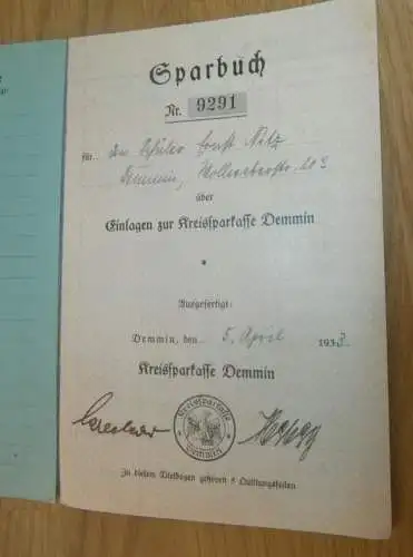 altes Sparbuch Demmin ,1933 - 1945 , Ernst Nitz in Demmin i. Mecklenburg , Sparkasse , Bank !!