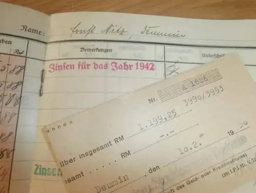 altes Sparbuch Demmin ,1933 - 1945 , Ernst Nitz in Demmin i. Mecklenburg , Sparkasse , Bank !!
