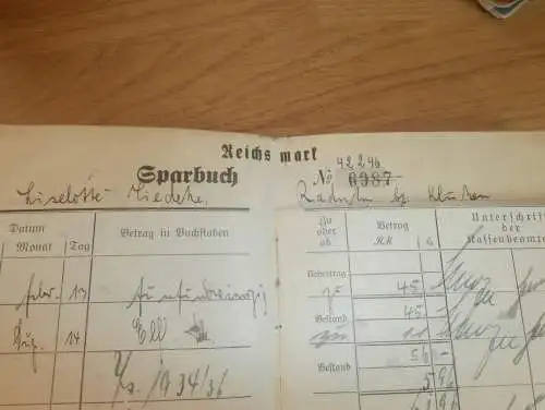altes Sparbuch Parchim / Klinken ,1937 - 1944 , Liselotte Tiedeke in Parchim i. Mecklenburg , Sparkasse , Bank !!