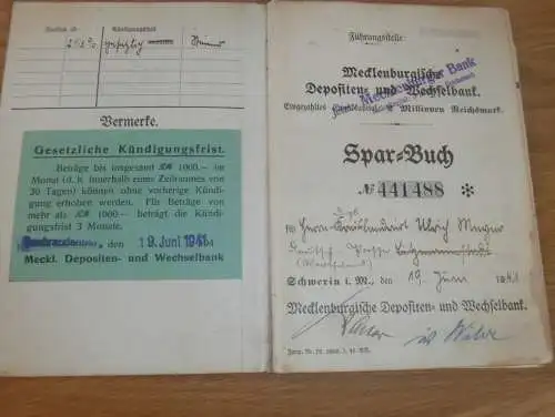 altes Sparbuch Neubrandenburg ,1941 - 1943 , Ulrich Meyer in Neubrandenburg i. Mecklenburg , Sparkasse , Bank