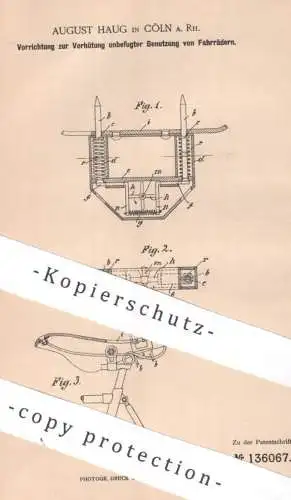 original Patent - August Haug , Köln / Rhein | 1901 | Schutz vor Fahrrad - Diebstahl | Fahrräder , bicycle  , Sattel