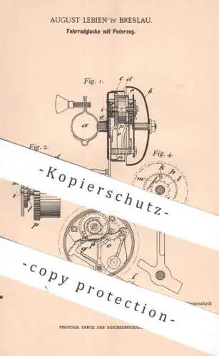 original Patent - August Lebien , Breslau | 1899 | Fahrradglocke mit Federzug | Fahrrad , bicycle , Klingel , Glocke