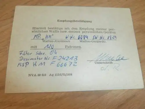 NVA , Waffenkarte für MPi , 1972 , Rainer Markl in Graal Müritz , Soldat , Grenzer , Grenze !!!