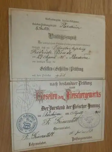 Lehrbrief / Gesellenbrief Parchim i. Mecklenburg 1902 , Friedrich Quade , Schlachter , Fleischer , Metzger , Fleischerei