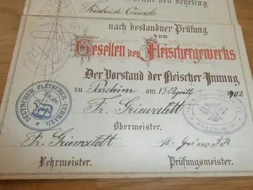 Lehrbrief / Gesellenbrief Parchim i. Mecklenburg 1902 , Friedrich Quade , Schlachter , Fleischer , Metzger , Fleischerei