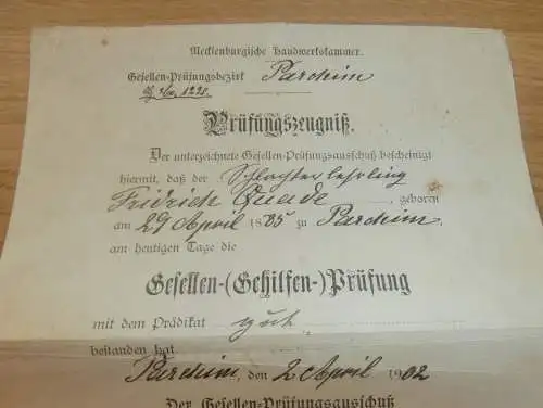 Lehrbrief / Gesellenbrief Parchim i. Mecklenburg 1902 , Friedrich Quade , Schlachter , Fleischer , Metzger , Fleischerei