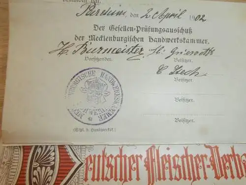 Lehrbrief / Gesellenbrief Parchim i. Mecklenburg 1902 , Friedrich Quade , Schlachter , Fleischer , Metzger , Fleischerei
