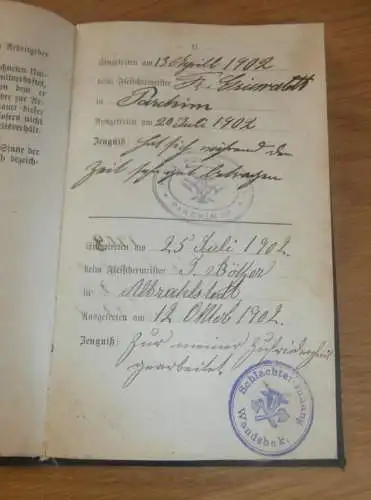 Wanderbuch Parchim i. Mecklenburg 1902 - 1908 , F. Quade , Schlachter , Metzger , Borna , Gera , Halle , viele Stempel !