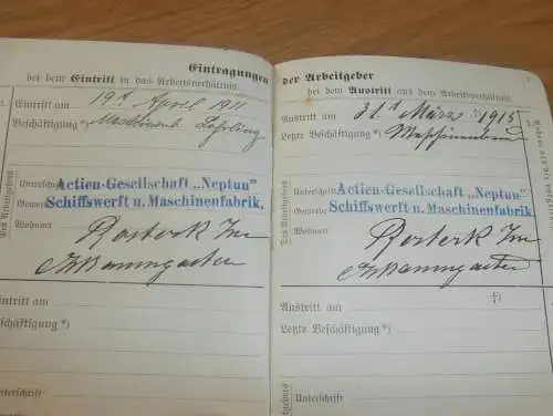 Neptun Schiffswerft Rostock , 1911 - 1915 , altes Arbeitsbuch , Werft , F.W. Schultz , Schiffbau , Mecklenburg !!
