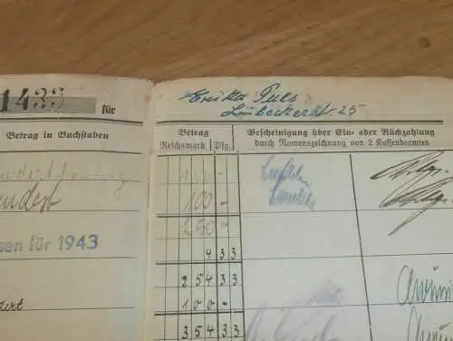 altes Sparbuch Rostock ,1943 - 1946 , Erika Puls in Rostock i. Mecklenburg , Sparkasse , Bank