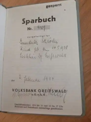 altes Sparbuch Greifswald ,1944 - April 1945 ,Inndula Schröder in Sestelin b. Dargelin i. Mecklenburg , Sparkasse , Bank