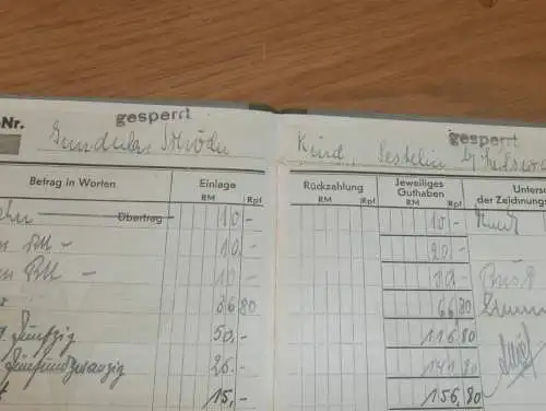 altes Sparbuch Greifswald ,1944 - April 1945 ,Inndula Schröder in Sestelin b. Dargelin i. Mecklenburg , Sparkasse , Bank