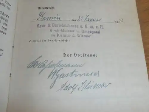 altes Sparbuch Moitin , 1941 - 1943 , Otto Steinfeldt in Kamin - Moitin i. Mecklenburg , Kirch-Mulsow b. Neubukow
