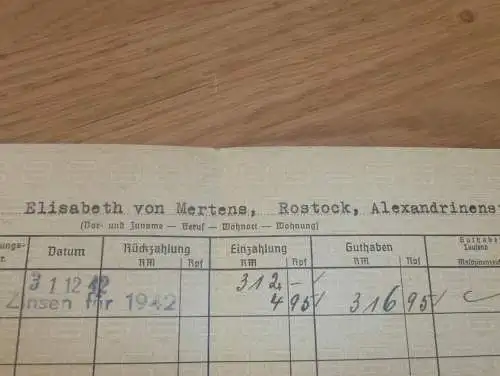 altes Sparbuch Rostock , 1942 , Elisabeth von Mertens in Rostock i. Mecklenburg , Sparkasse , Bank !!!