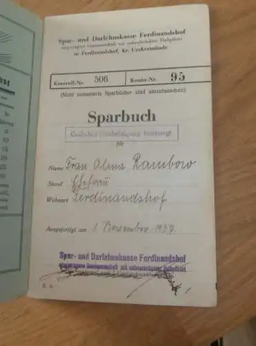 altes Sparbuch Ferdinandshof , 1937 - 1944 , Alma Rambow in Ferdinandshof i. Mecklenburg , Sparkasse , Bank !!