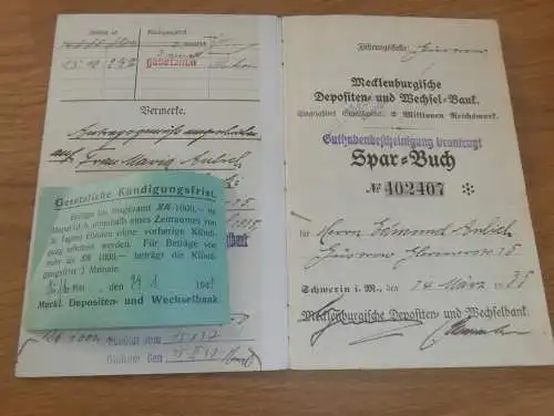 altes Sparbuch Güstrow , 1935 - 1944 , Kaufmann Edmund Aulich in Güstrow i. Mecklenburg , Sparkasse , Bank !!