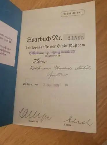 altes Sparbuch Güstrow , 1939 - 1944 , Kaufmann Edmund Aulich in Güstrow i. Mecklenburg , Sparkasse , Bank !!
