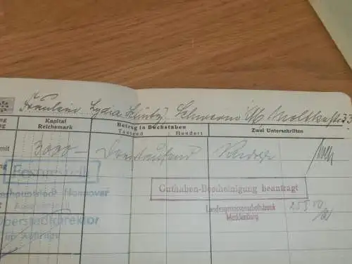 altes Sparbuch Schwerin , 27. April 1945 ,  Lydia Schütz in Schwerin i. Mecklenburg , Sparkasse , Bank !!