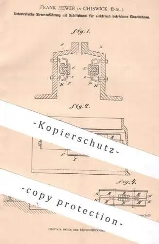 original Patent - Frank Hewer , Chiswick , England | 1900 | Unterirdische Stromzuführung für elektr. Eisenbahn | Train