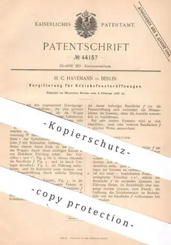 original Patent - H. C. Havemann , Berlin , 1888 , Vergitterung für Schiebefensteröffnung | Eisenbahn Train Lokomotive