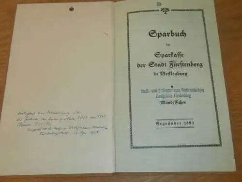 altes Sparbuch Fürstenberg , 1939 - 1946 , Erich Lemberg in Fürstenberg i. Mecklenburg , Sparkasse , Bank  !!!