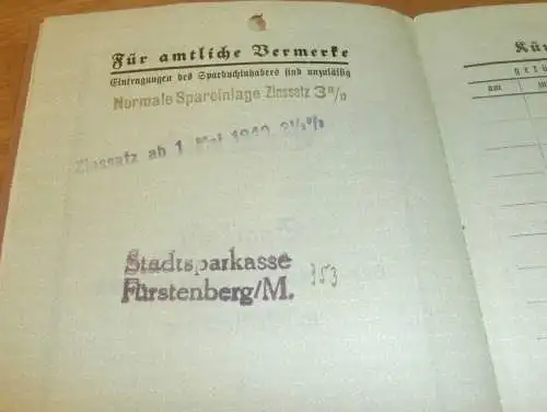 altes Sparbuch Fürstenberg , 1939 - 1946 , Erich Lemberg in Fürstenberg i. Mecklenburg , Sparkasse , Bank  !!!