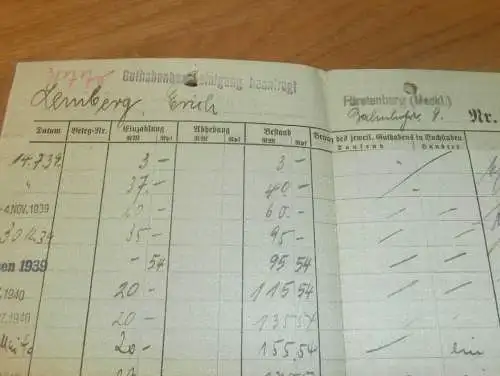 altes Sparbuch Fürstenberg , 1939 - 1946 , Erich Lemberg in Fürstenberg i. Mecklenburg , Sparkasse , Bank  !!!