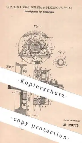 original Patent - Charles Edgar Duryea , Reading , USA , Umlaufgetriebe f. Motorwagen | Getriebe , Oldtimer , Automobile