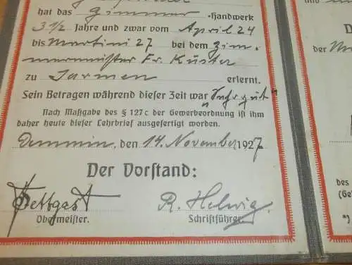 Lehrbrief Stettin , 1927 , Otto Wardius in Jarmen / Demmin , Greifswald , Mecklenburg !!!