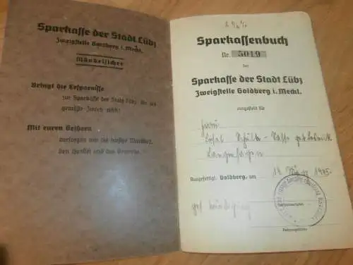 altes Sparbuch , bis 28.April 1945 , Liesel Schulte in Lübz / Goldberg i. Mecklenburg , Sparkasse , Bank  !!!