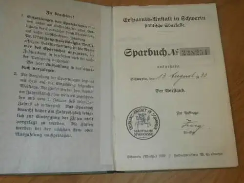 altes Sparbuch Bürgermeister von Schwerin , 1930-1944 , Gerhard Radloff in Schwerin i. Mecklenburg , Sparkasse , Bank !