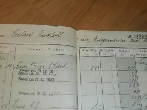 altes Sparbuch Bürgermeister von Schwerin , 1930-1944 , Gerhard Radloff in Schwerin i. Mecklenburg , Sparkasse , Bank !