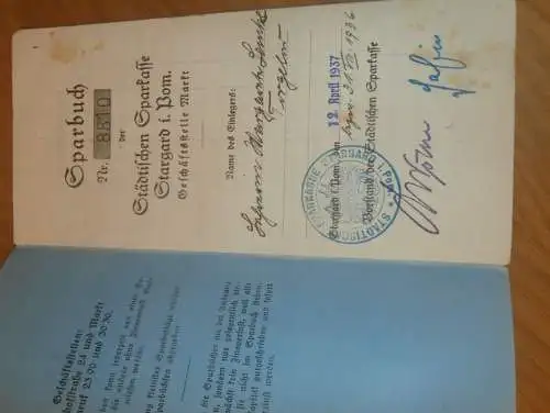 altes Sparbuch Stargard i. Pommern , 1937 - 1943 , Margarete Lemke in Torgelow i. Mecklenburg !!!