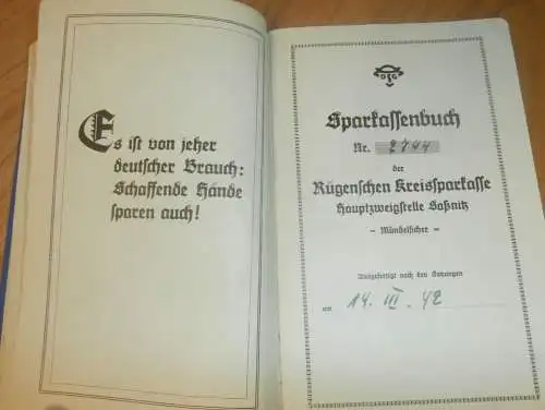Saßnitz a. Rügen , 1939 - 1944 , altes Sparbuch , Gerda Kußnitz in Saßnitz i. Mecklenburg , Sparkasse , Bank !!!