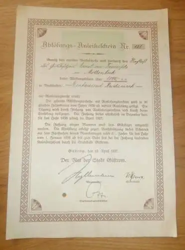 Stadt Güstrow 1927 , Gutsbesitzer Ernst von Treuenfels in Möllenbeck , Neuhaus b. Dändorf i. Mecklenburg , Anleiheschein