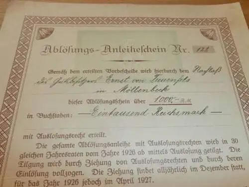 Stadt Güstrow 1927 , Gutsbesitzer Ernst von Treuenfels in Möllenbeck , Neuhaus b. Dändorf i. Mecklenburg , Anleiheschein