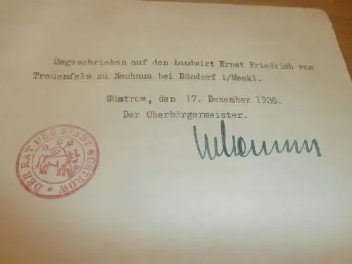 Stadt Güstrow 1927 , Gutsbesitzer Ernst von Treuenfels in Möllenbeck , Neuhaus b. Dändorf i. Mecklenburg , Anleiheschein
