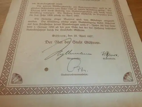 Stadt Güstrow 1927 , Gutsbesitzer Ernst von Treuenfels in Möllenbeck , Neuhaus b. Dändorf i. Mecklenburg , Anleiheschein
