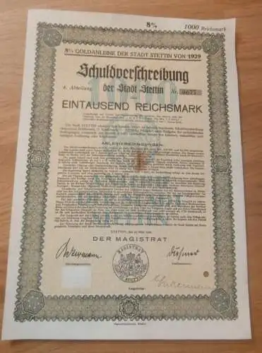 Stadt Stettin i. Pommern , 1929 , 1000 RM , Schuldverschreibung / Anleihe !!!
